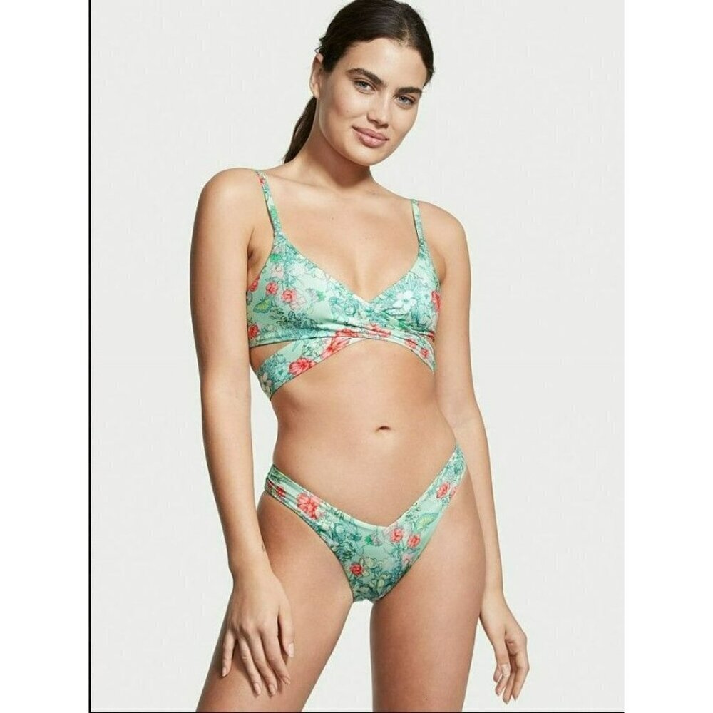 Victoria’s Secret Swim Wrap Large Bikini Top Butterfly Floral Green Blue Bathing